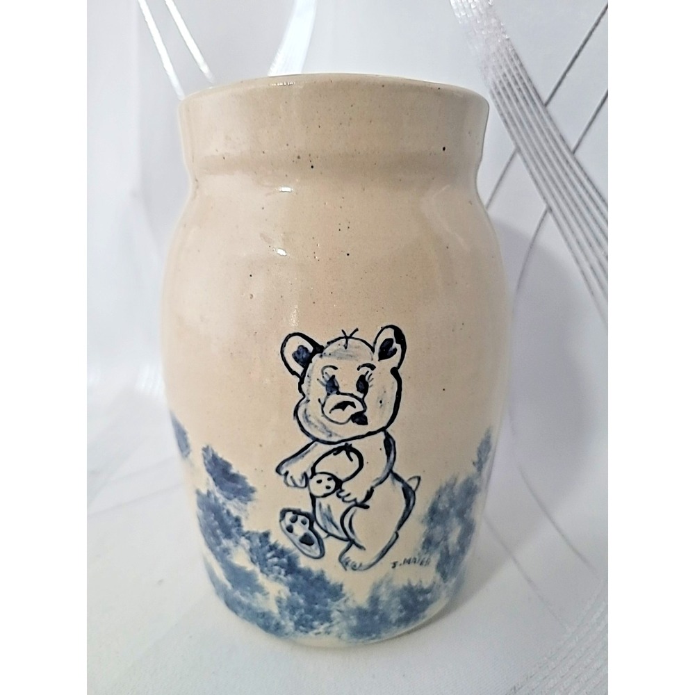 Vintage Paul Storie Pottery Vase Marshall TX Dancing Bear Crock 6.5" Blue